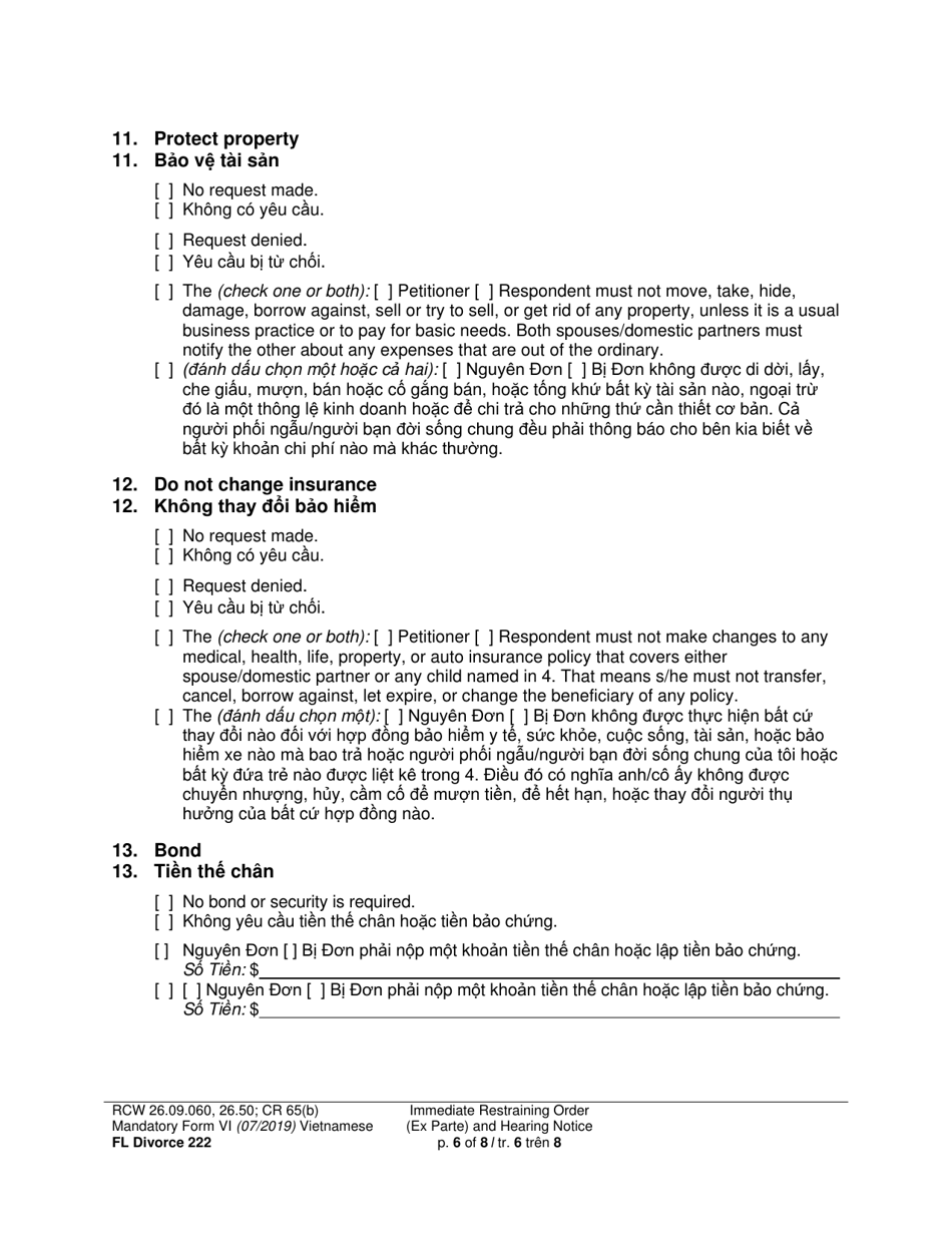 Form FL Divorce222 Immediate Restraining Order (Ex Parte) and Hearing Notice - Washington (English / Vietnamese), Page 6