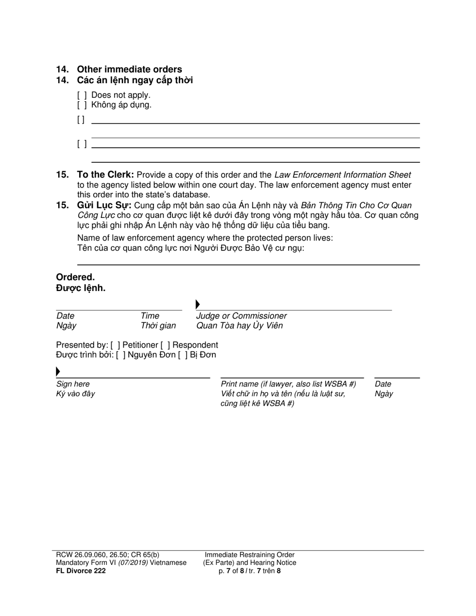 Form FL Divorce222 Immediate Restraining Order (Ex Parte) and Hearing Notice - Washington (English / Vietnamese), Page 7