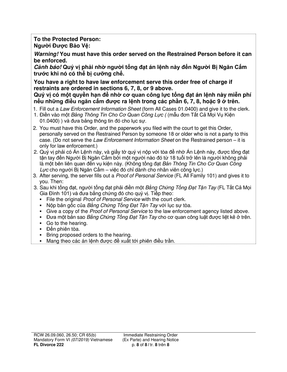 Form FL Divorce222 Immediate Restraining Order (Ex Parte) and Hearing Notice - Washington (English / Vietnamese), Page 8