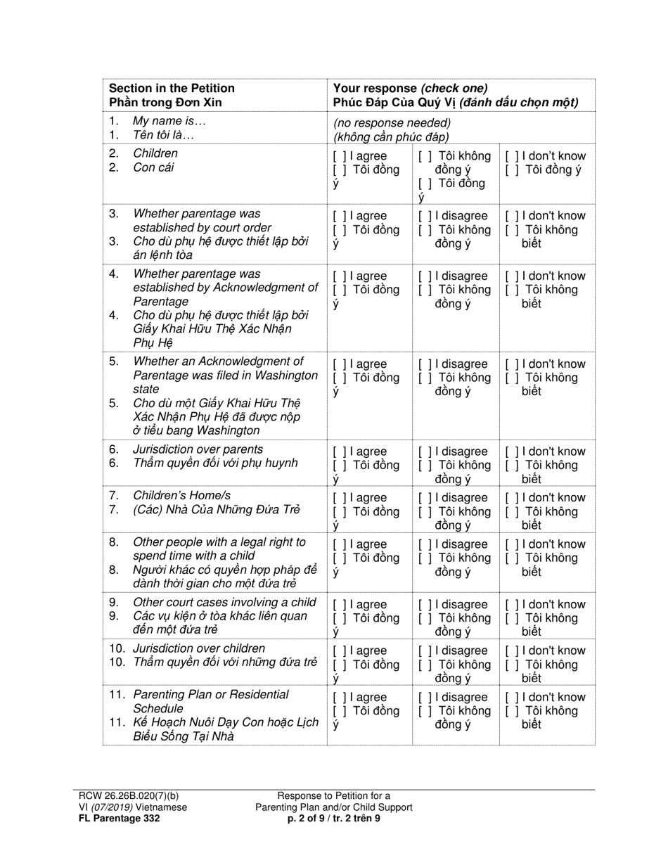 Form FL Parentage332 Response to Petition for a Parenting Plan, Residential Schedule and / or Child Support - Washington (English / Vietnamese), Page 2