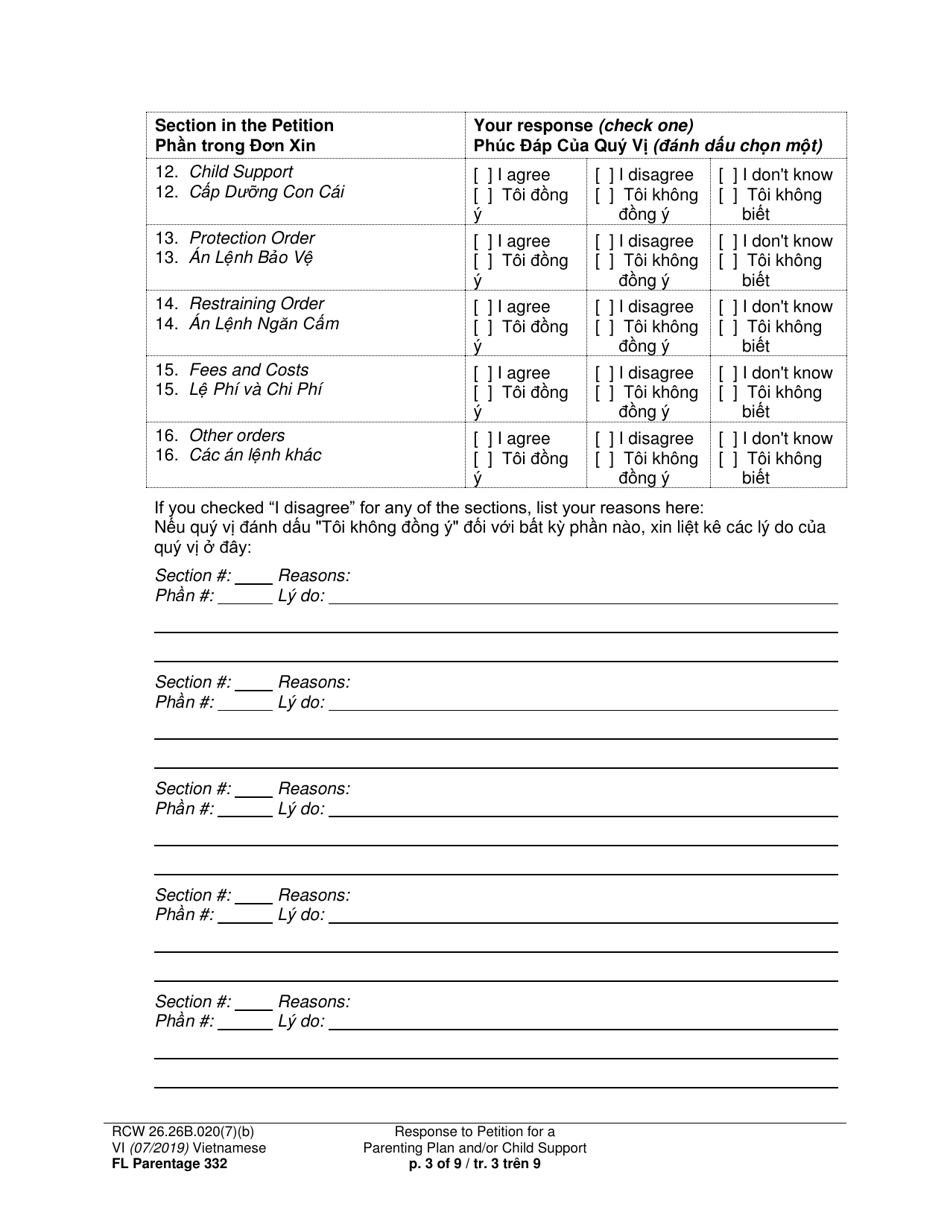 Form FL Parentage332 Response to Petition for a Parenting Plan, Residential Schedule and / or Child Support - Washington (English / Vietnamese), Page 3