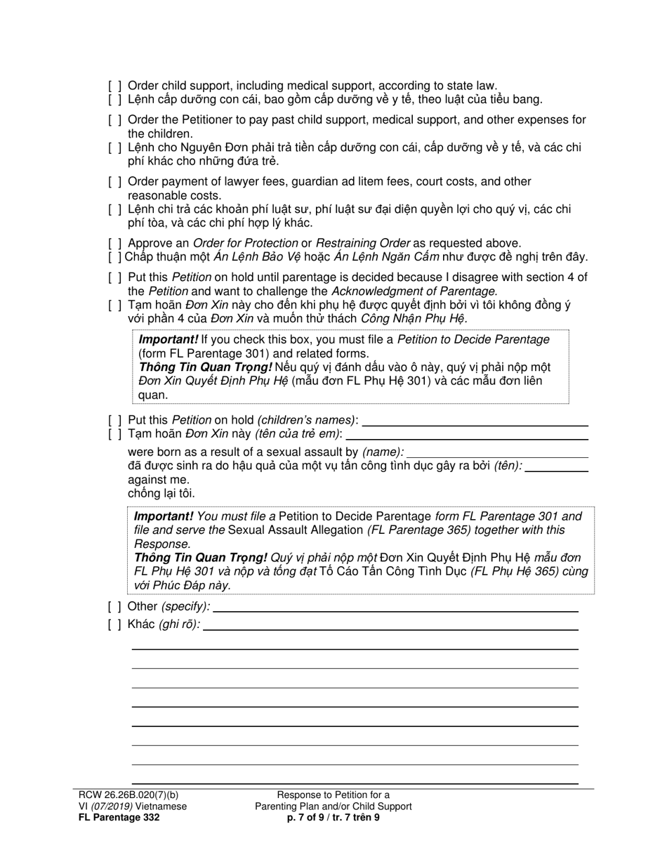 Form FL Parentage332 Response to Petition for a Parenting Plan, Residential Schedule and / or Child Support - Washington (English / Vietnamese), Page 7