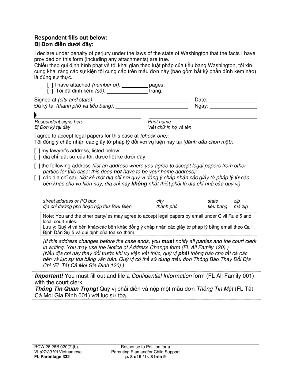 Form FL Parentage332 Response to Petition for a Parenting Plan, Residential Schedule and / or Child Support - Washington (English / Vietnamese), Page 8
