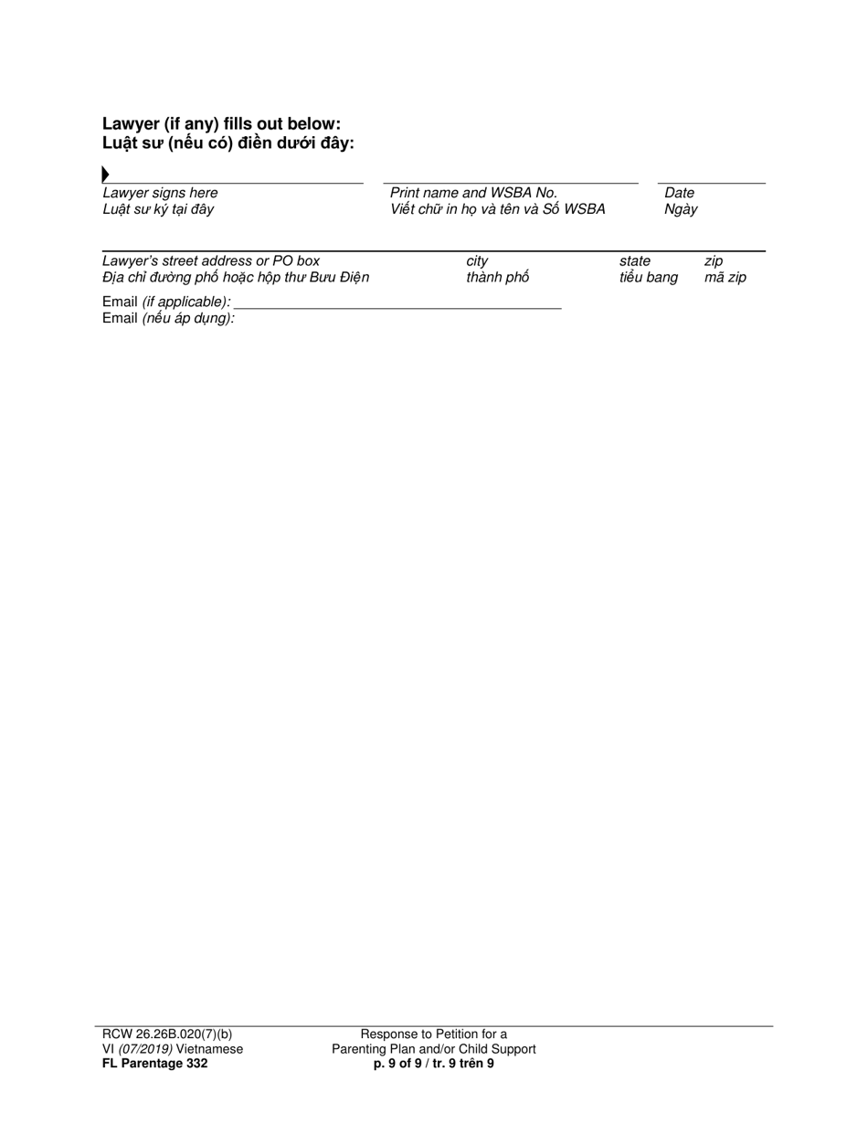 Form FL Parentage332 Response to Petition for a Parenting Plan, Residential Schedule and / or Child Support - Washington (English / Vietnamese), Page 9