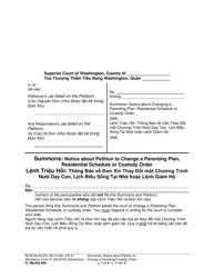Document preview: Form FL Modify600 Summons: Notice About Petition to Change a Parenting Plan, Residential Schedule or Custody Orde - Washington (English/Vietnamese)