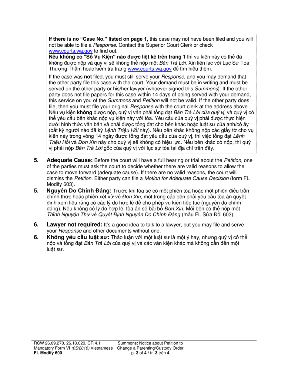 Form FL Modify600 Summons: Notice About Petition to Change a Parenting Plan, Residential Schedule or Custody Orde - Washington (English / Vietnamese), Page 3