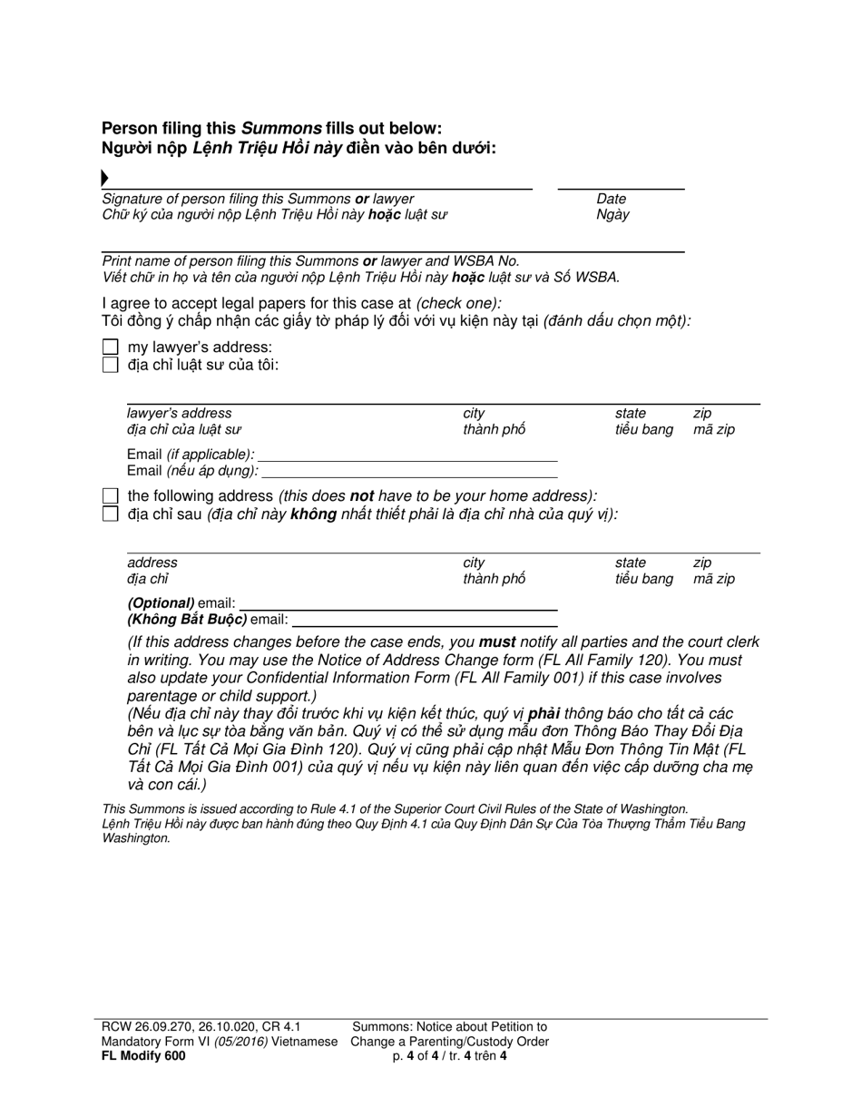 Form FL Modify600 Summons: Notice About Petition to Change a Parenting Plan, Residential Schedule or Custody Orde - Washington (English / Vietnamese), Page 4