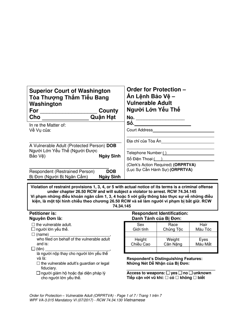 Form WPF VA-3.015 Order for Protection - Vulnerable Adult - Washington (English / Vietnamese), Page 1