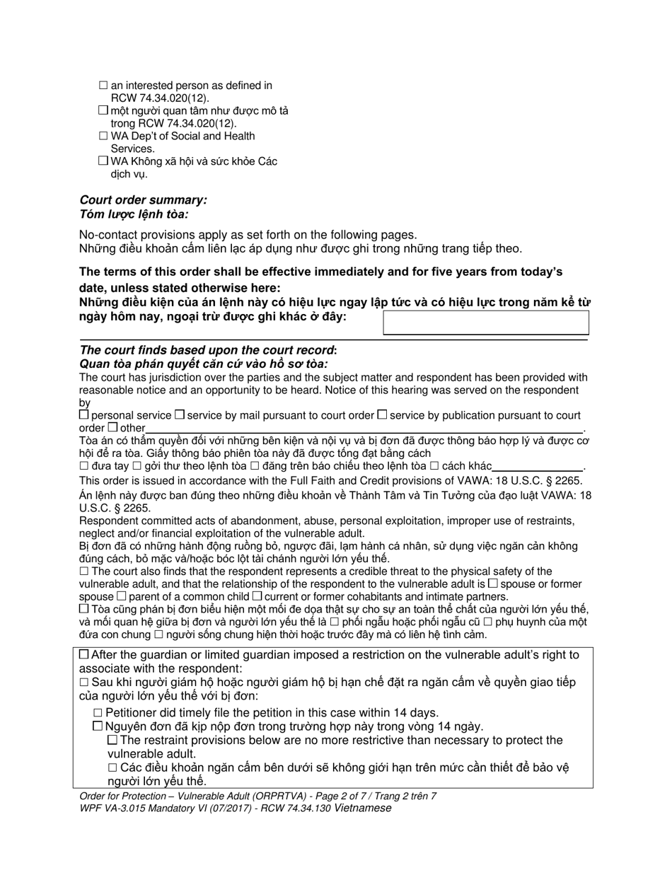Form WPF VA-3.015 Order for Protection - Vulnerable Adult - Washington (English / Vietnamese), Page 2