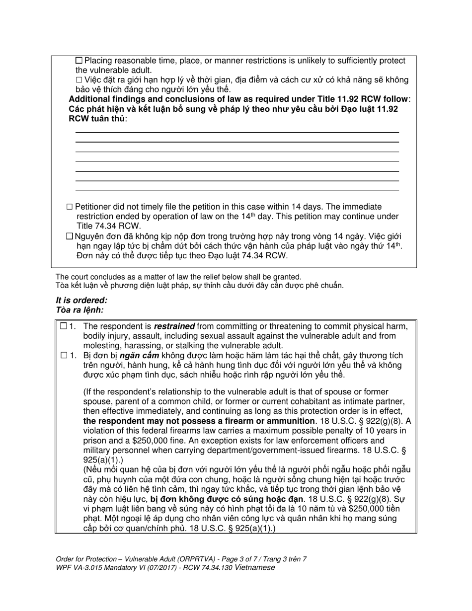 Form WPF VA-3.015 Order for Protection - Vulnerable Adult - Washington (English / Vietnamese), Page 3