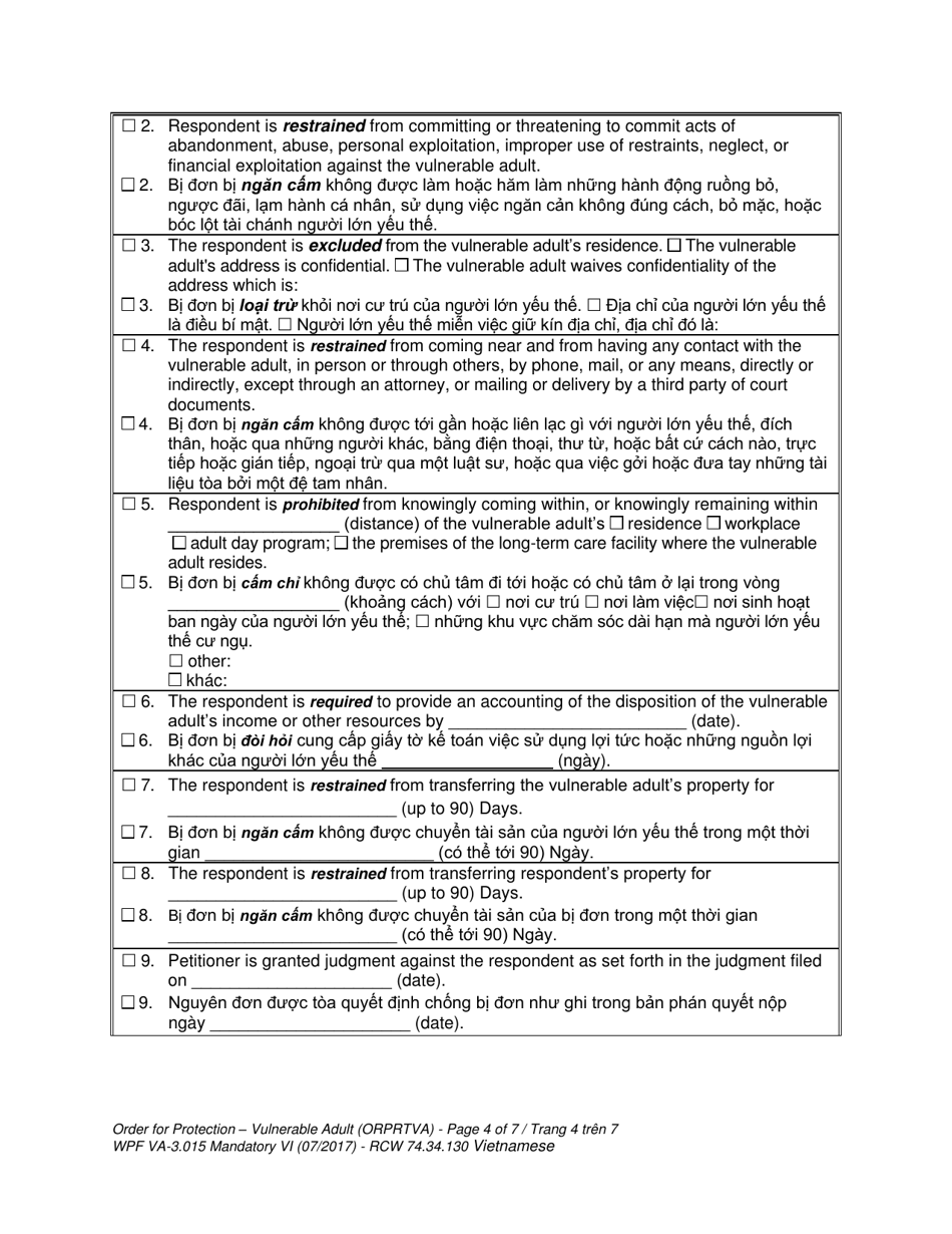 Form WPF VA-3.015 Order for Protection - Vulnerable Adult - Washington (English / Vietnamese), Page 4