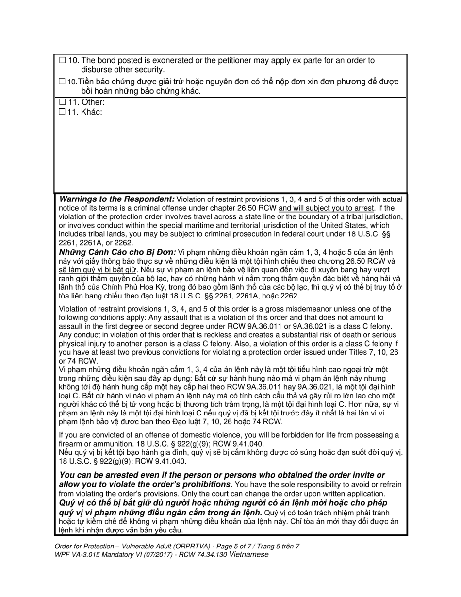 Form WPF VA-3.015 Order for Protection - Vulnerable Adult - Washington (English / Vietnamese), Page 5