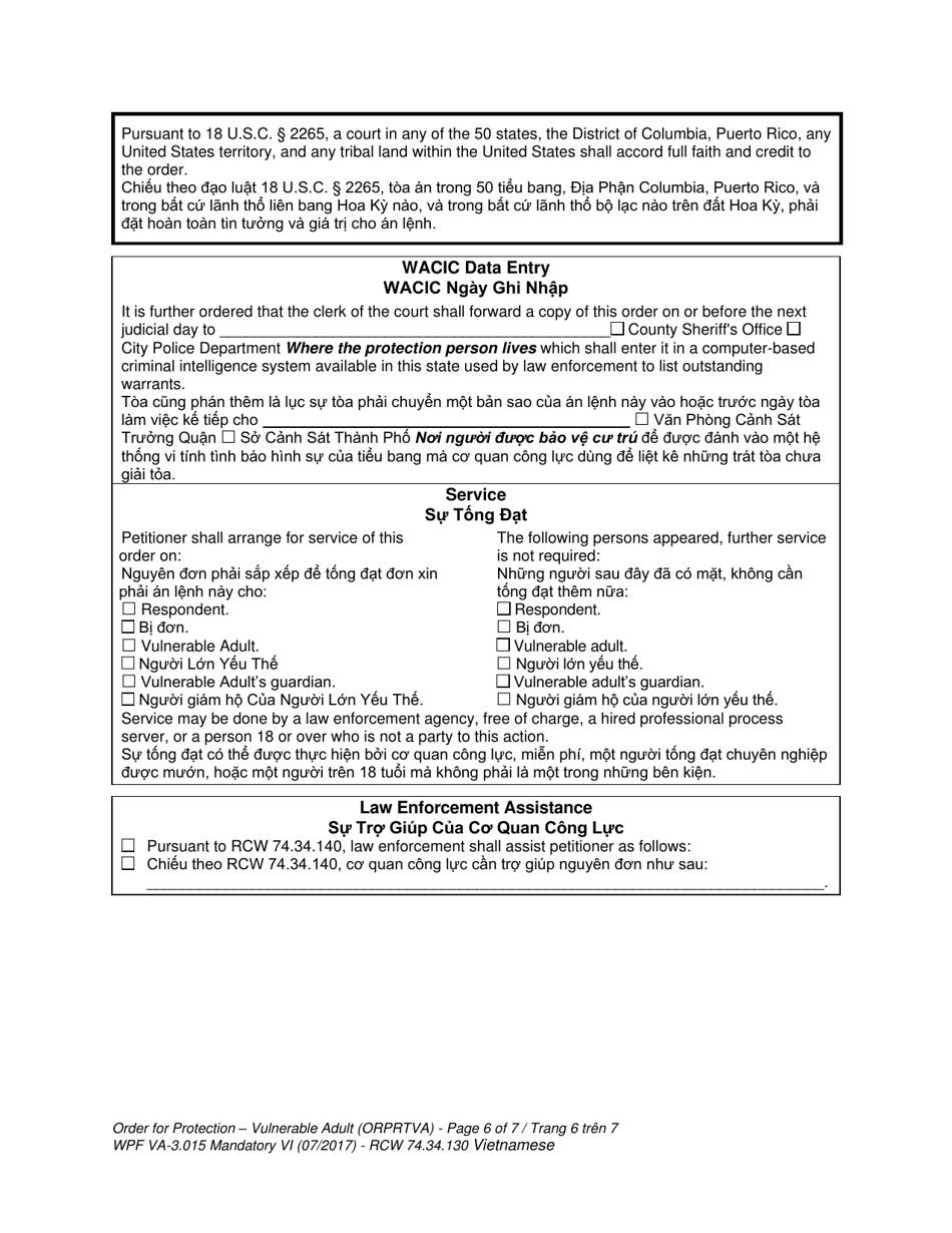Form WPF VA-3.015 Order for Protection - Vulnerable Adult - Washington (English / Vietnamese), Page 6