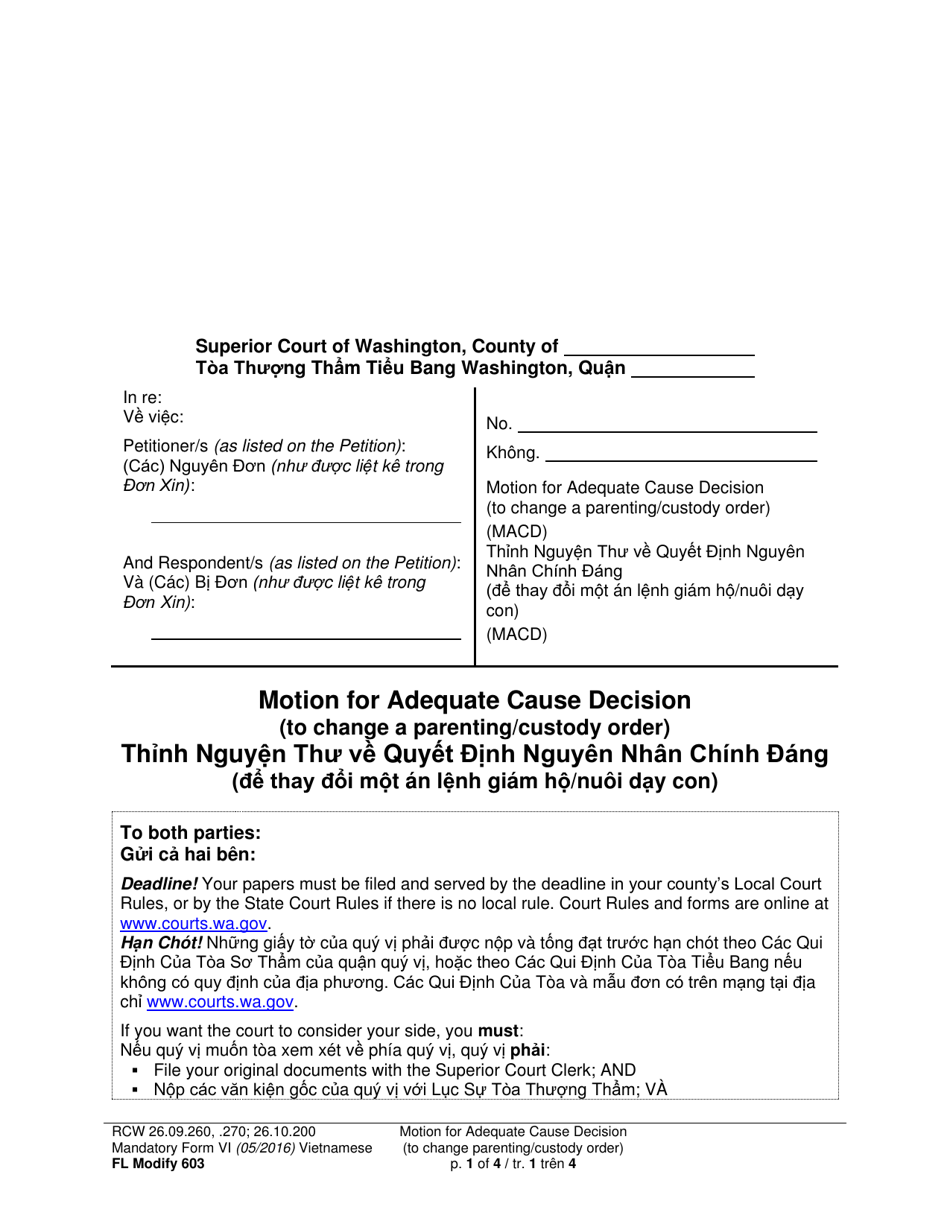 Form FL Modify603 Motion for Adequate Cause Decision (To Change a Parenting / Custody Order) - Washington (English / Vietnamese), Page 1