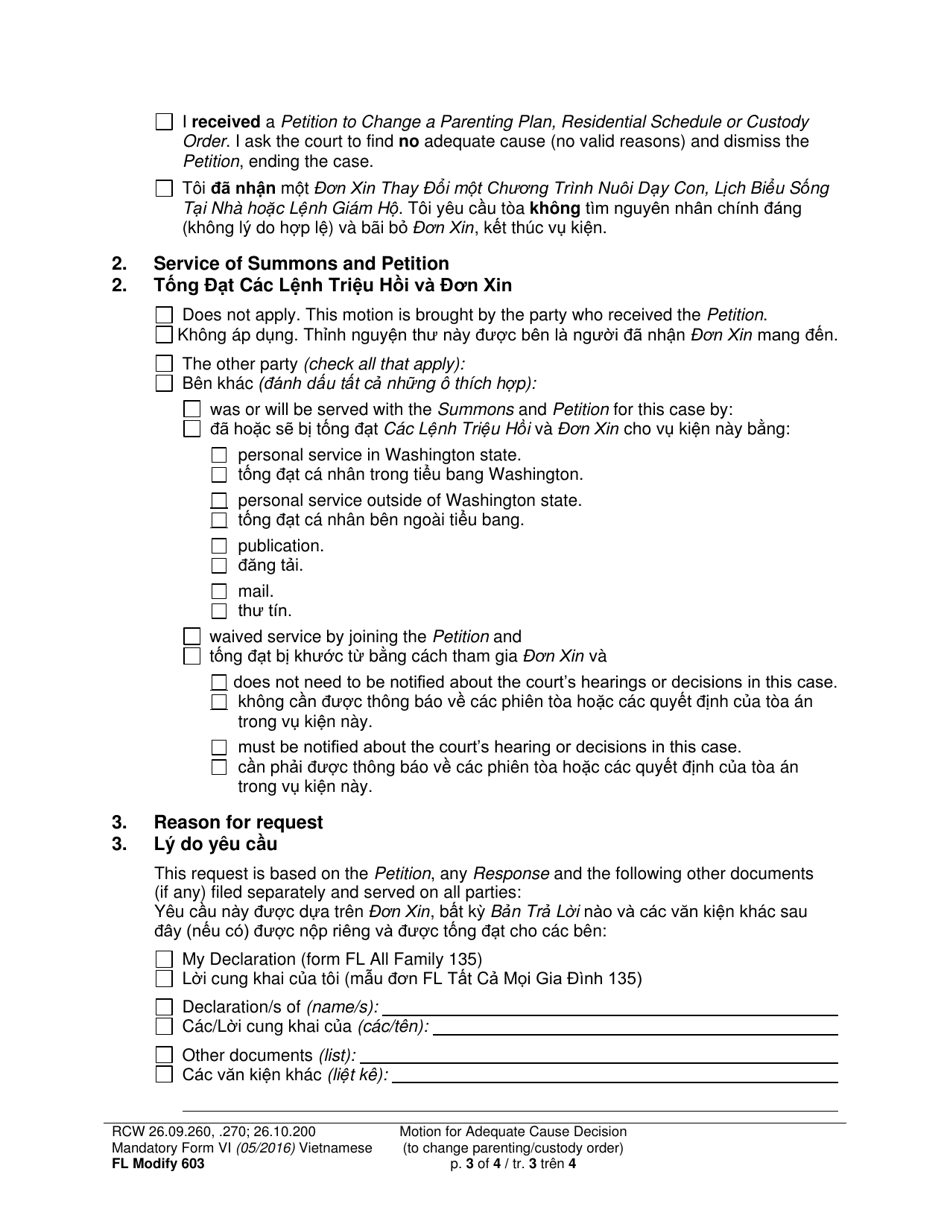 Form FL Modify603 Motion for Adequate Cause Decision (To Change a Parenting / Custody Order) - Washington (English / Vietnamese), Page 3