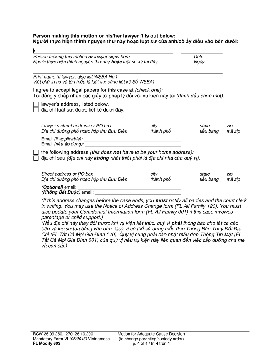 Form FL Modify603 Motion for Adequate Cause Decision (To Change a Parenting / Custody Order) - Washington (English / Vietnamese), Page 4