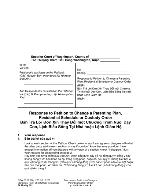 Form FL Modify602 Response to Petition to Change a Parenting Plan, Residential Schedule or Custody Order (Rsp) - Washington (English/Vietnamese)