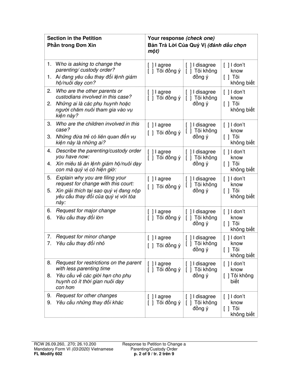 Form FL Modify602 Response to Petition to Change a Parenting Plan, Residential Schedule or Custody Order (Rsp) - Washington (English / Vietnamese), Page 2