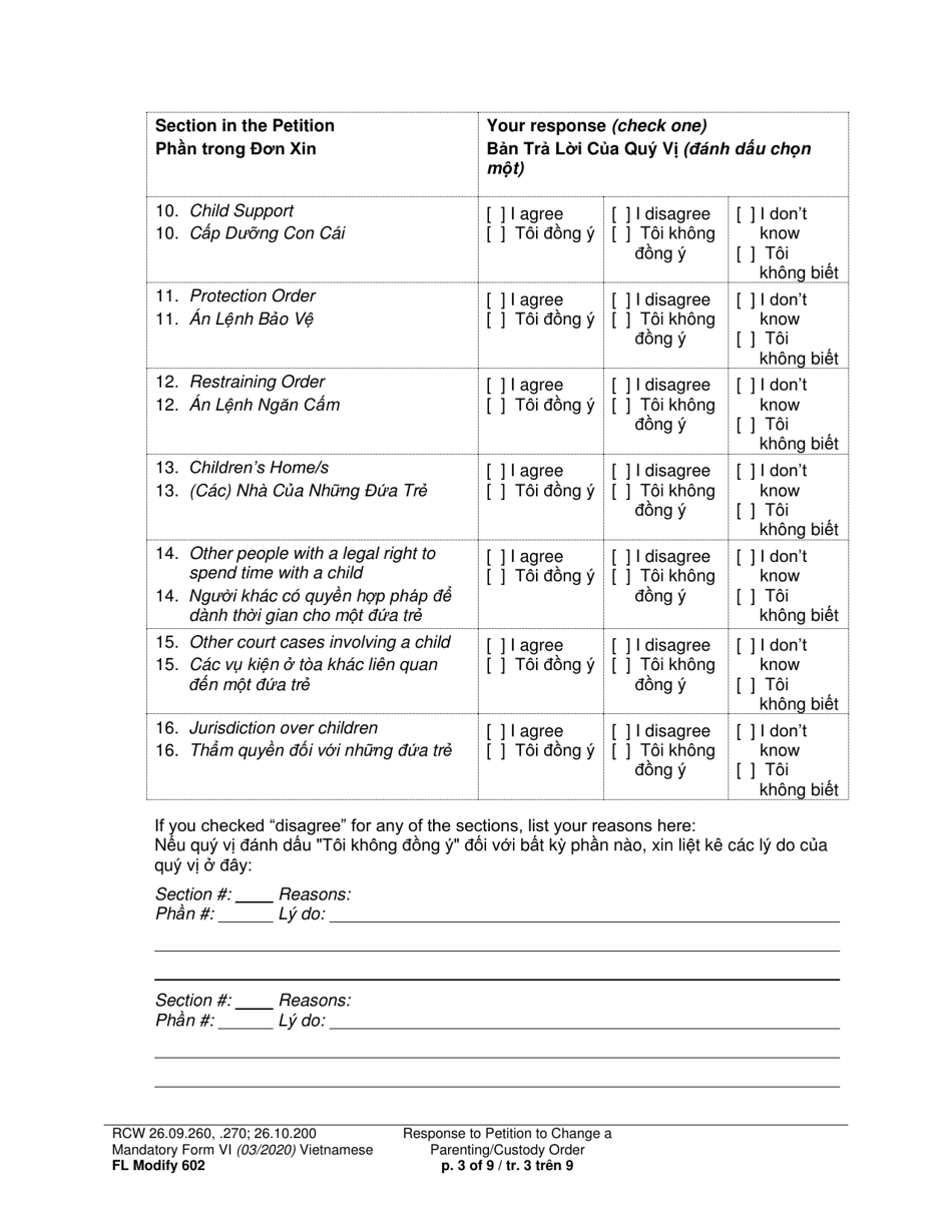 Form FL Modify602 Response to Petition to Change a Parenting Plan, Residential Schedule or Custody Order (Rsp) - Washington (English / Vietnamese), Page 3