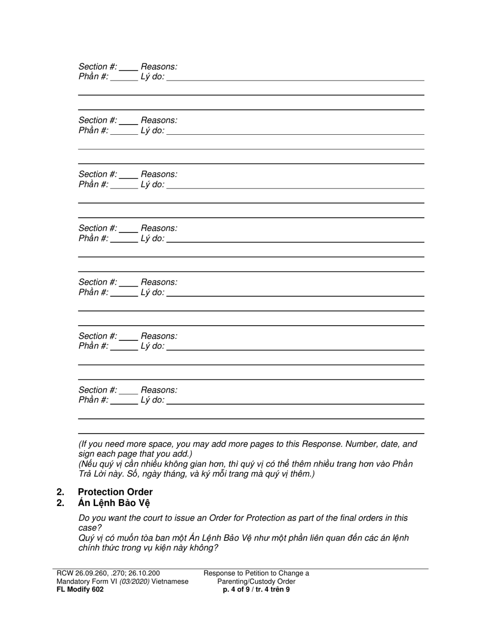 Form FL Modify602 Response to Petition to Change a Parenting Plan, Residential Schedule or Custody Order (Rsp) - Washington (English / Vietnamese), Page 4