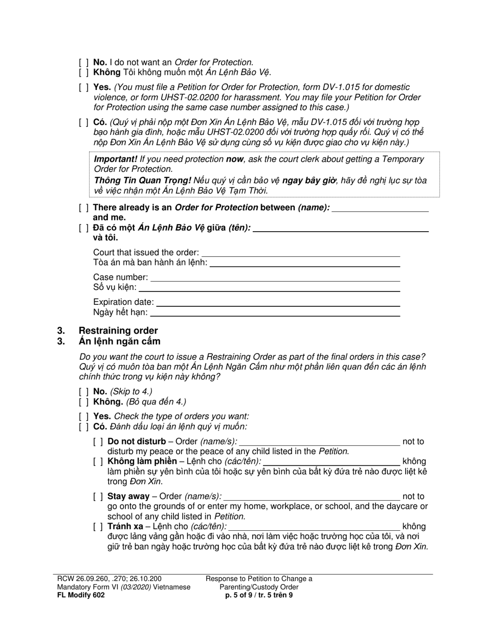 Form FL Modify602 Response to Petition to Change a Parenting Plan, Residential Schedule or Custody Order (Rsp) - Washington (English / Vietnamese), Page 5