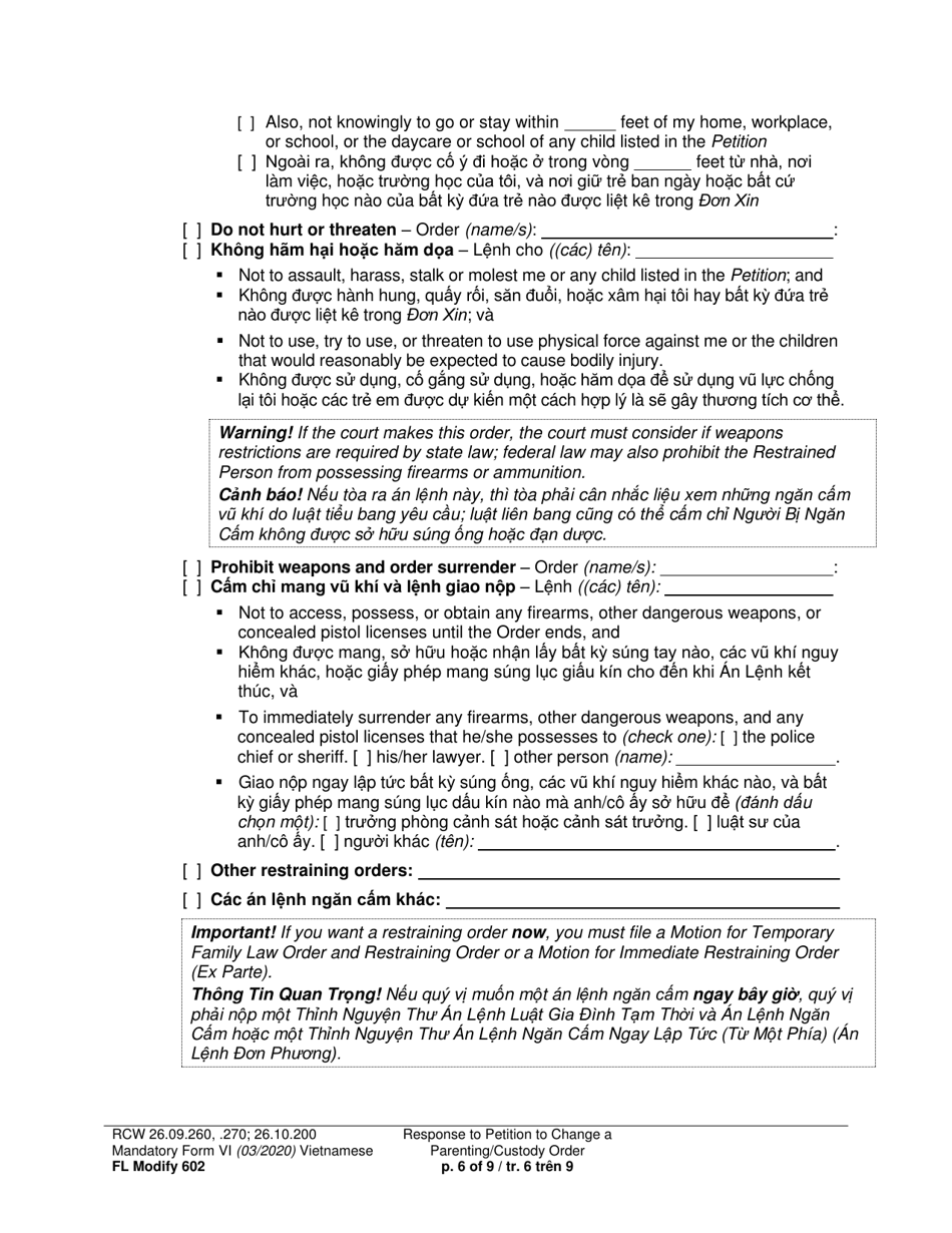 Form FL Modify602 Response to Petition to Change a Parenting Plan, Residential Schedule or Custody Order (Rsp) - Washington (English / Vietnamese), Page 6