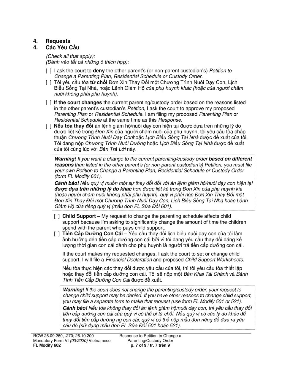Form FL Modify602 Response to Petition to Change a Parenting Plan, Residential Schedule or Custody Order (Rsp) - Washington (English / Vietnamese), Page 7