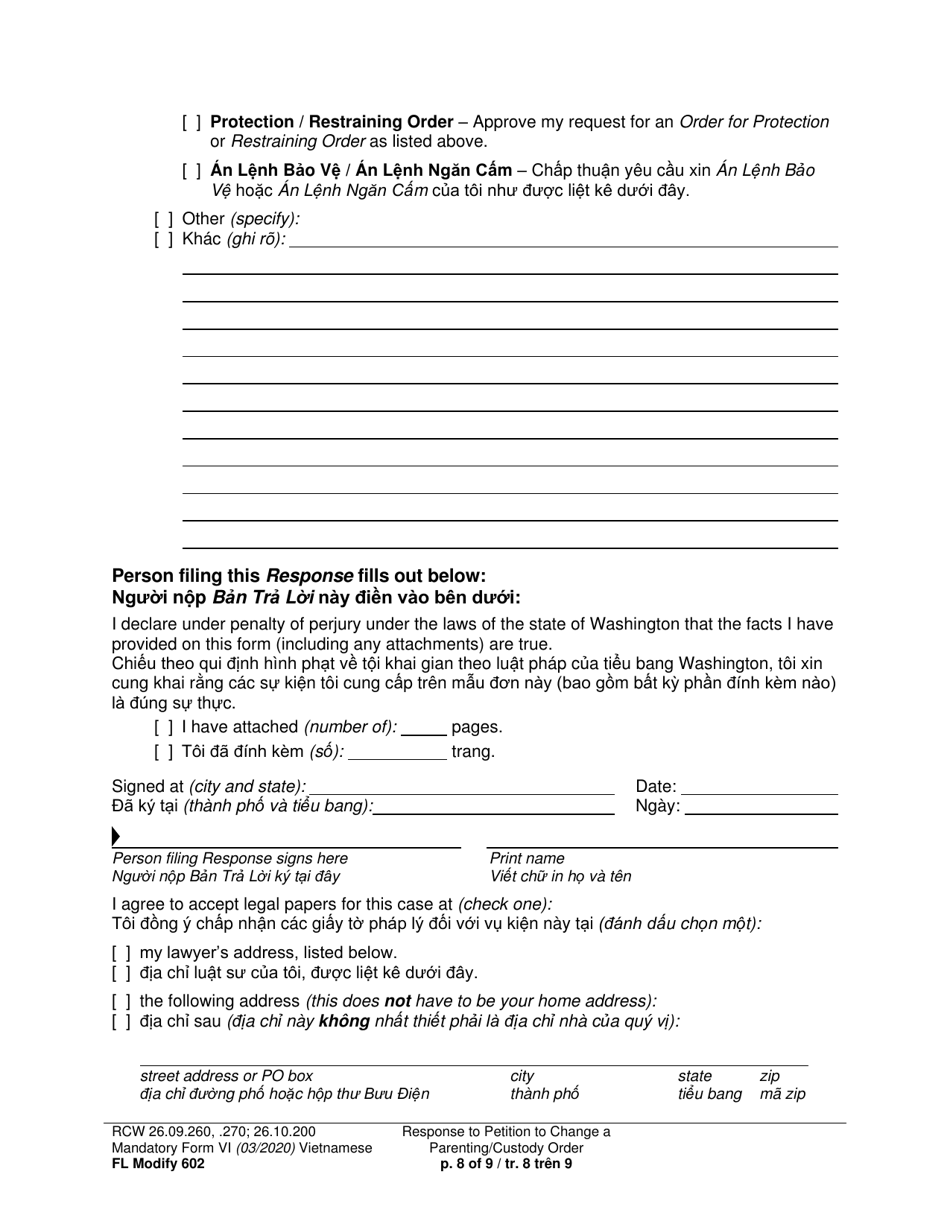 Form FL Modify602 Response to Petition to Change a Parenting Plan, Residential Schedule or Custody Order (Rsp) - Washington (English / Vietnamese), Page 8