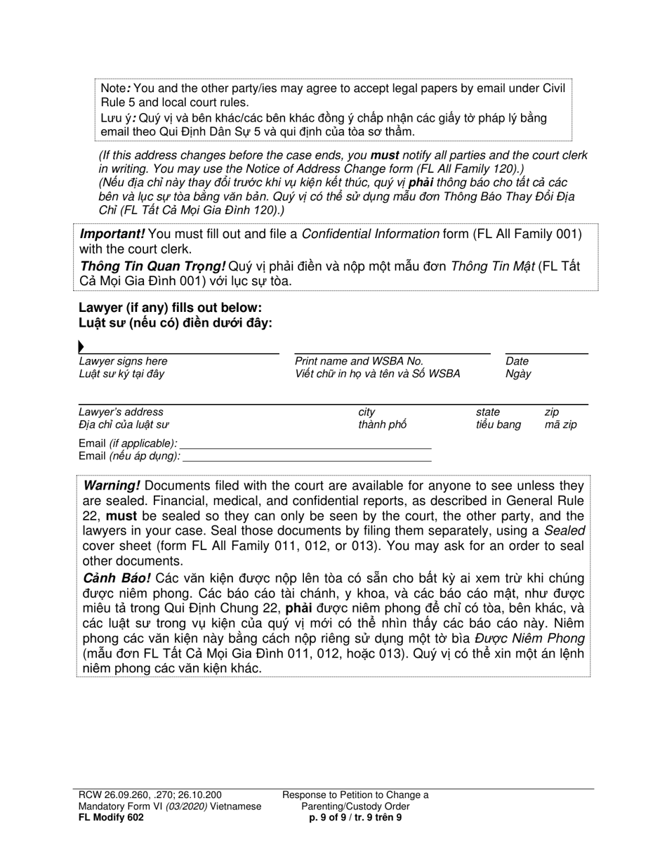 Form FL Modify602 Response to Petition to Change a Parenting Plan, Residential Schedule or Custody Order (Rsp) - Washington (English / Vietnamese), Page 9