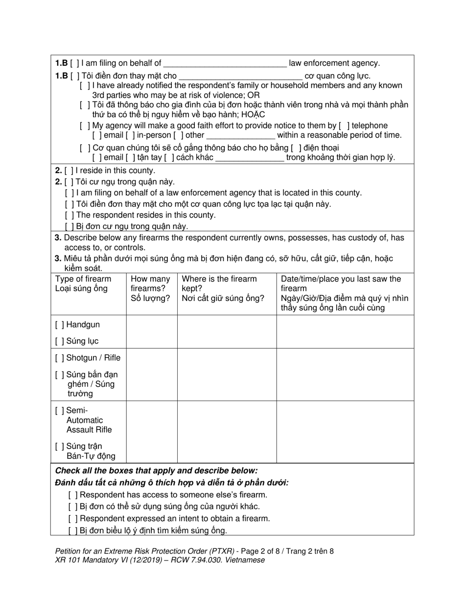 Form XR101 Petition for an Extreme Risk Protection Order (Ptxr) - Washington (English / Vietnamese), Page 2