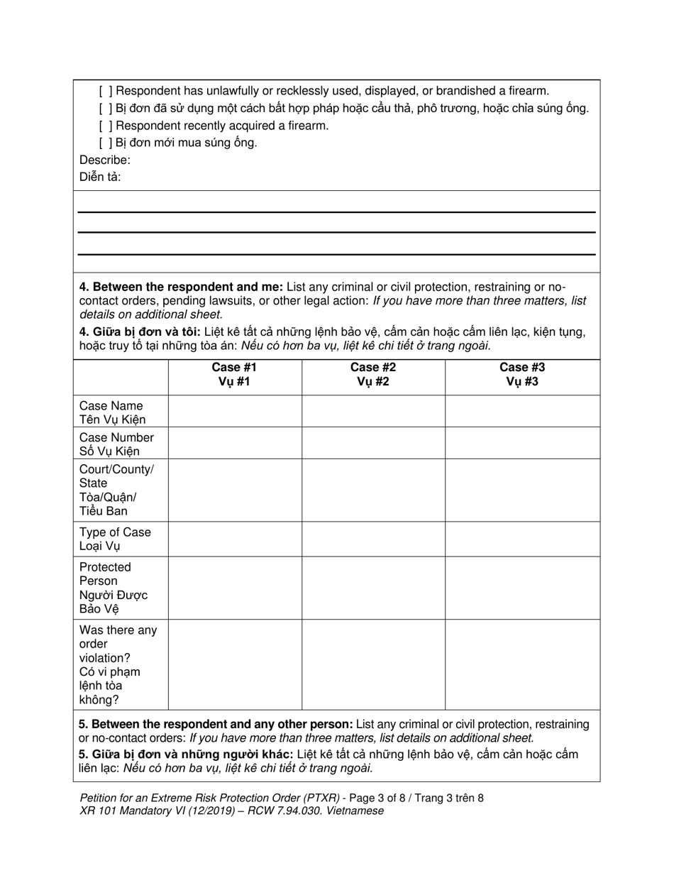 Form XR101 Petition for an Extreme Risk Protection Order (Ptxr) - Washington (English / Vietnamese), Page 3