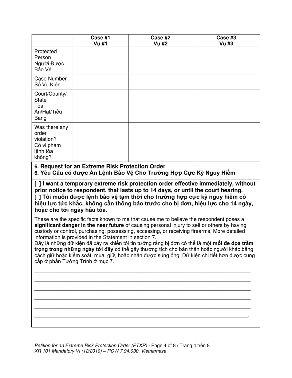 Form XR101 Petition for an Extreme Risk Protection Order (Ptxr) - Washington (English / Vietnamese), Page 4
