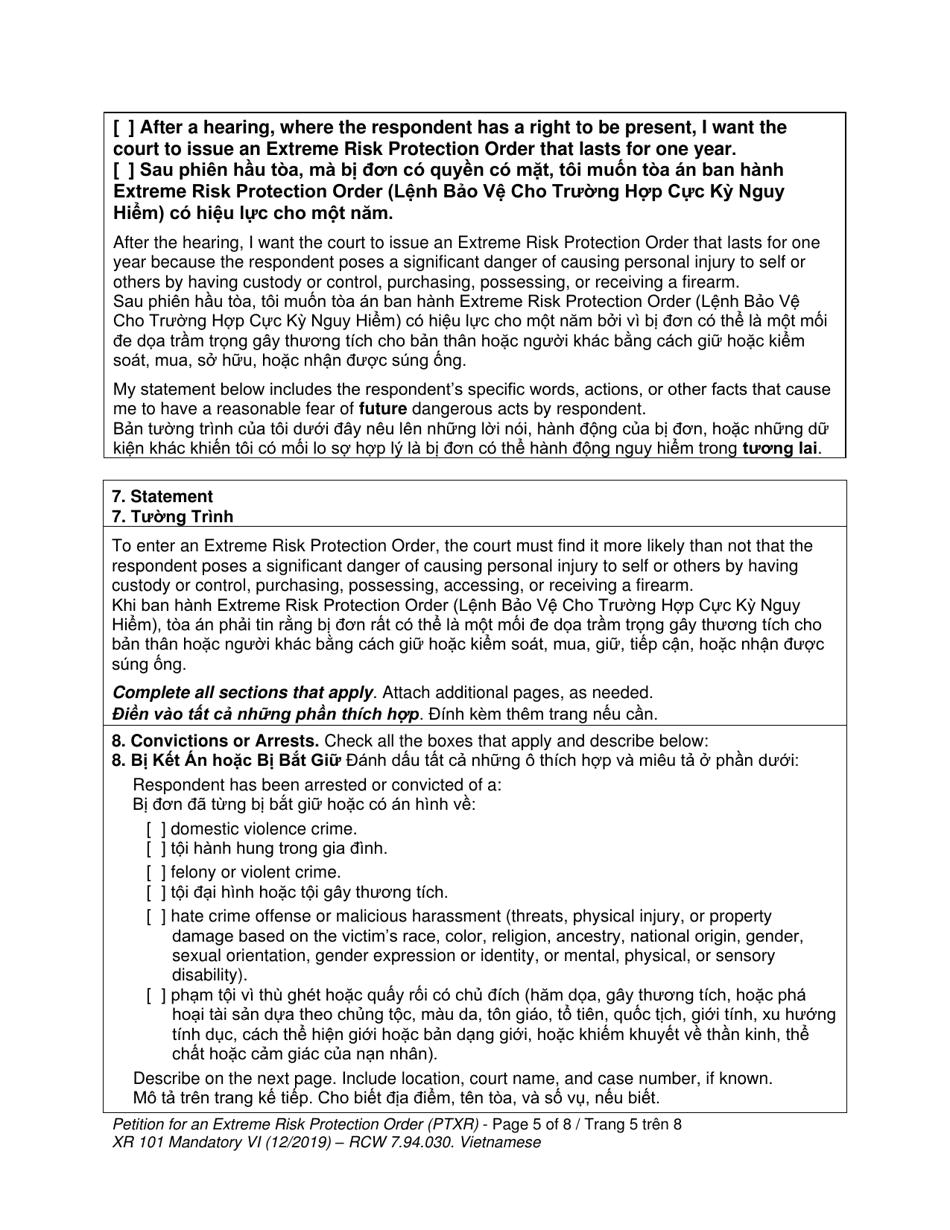 Form XR101 Petition for an Extreme Risk Protection Order (Ptxr) - Washington (English / Vietnamese), Page 5