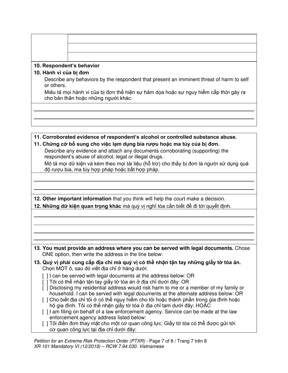 Form XR101 Petition for an Extreme Risk Protection Order (Ptxr) - Washington (English / Vietnamese), Page 7