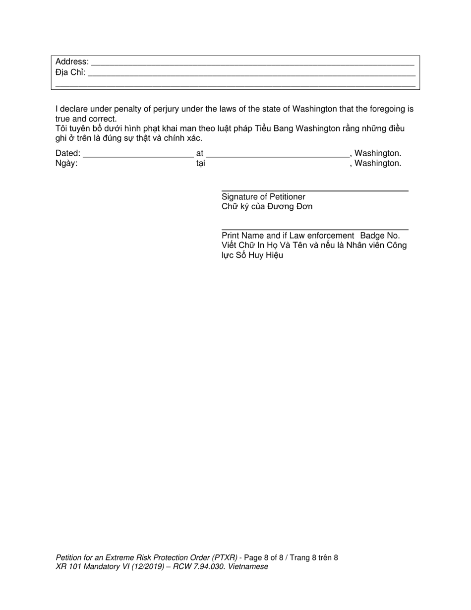 Form XR101 Petition for an Extreme Risk Protection Order (Ptxr) - Washington (English / Vietnamese), Page 8