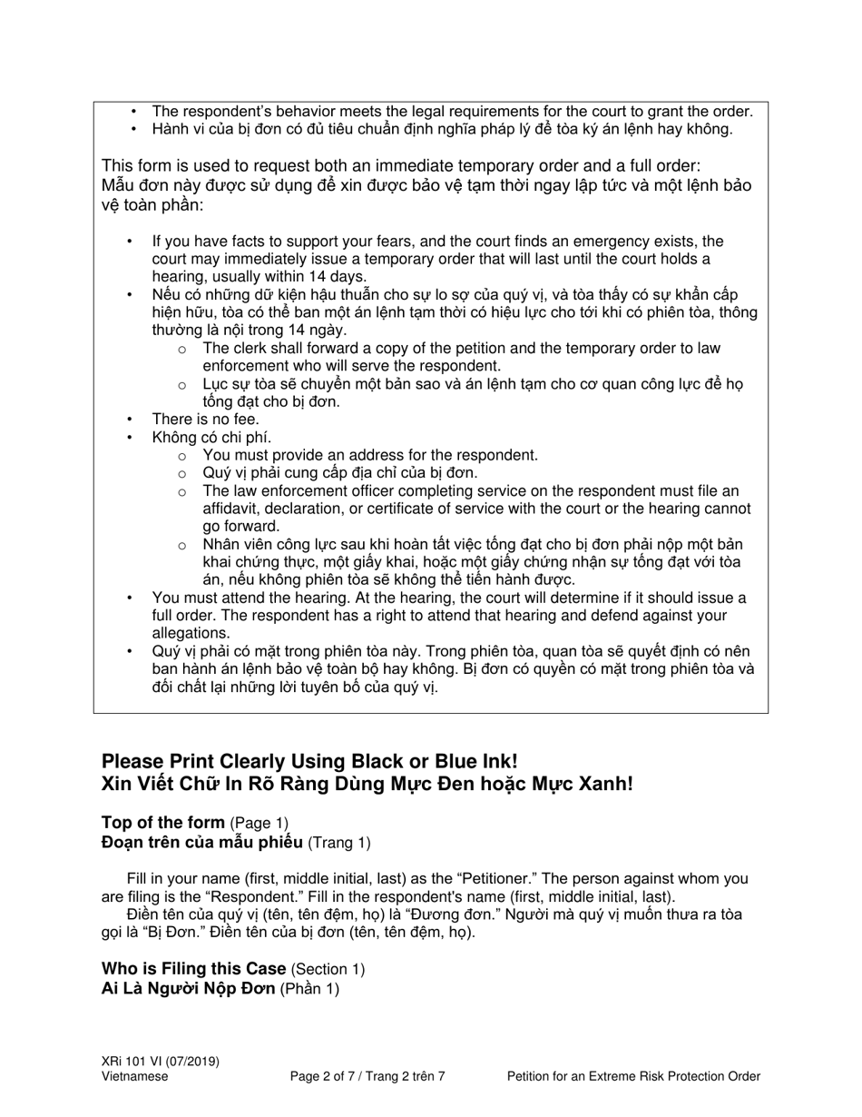 Instructions for Form XR101 Petition for an Extreme Risk Protection Order (Ptxr) - Washington (English / Vietnamese), Page 2