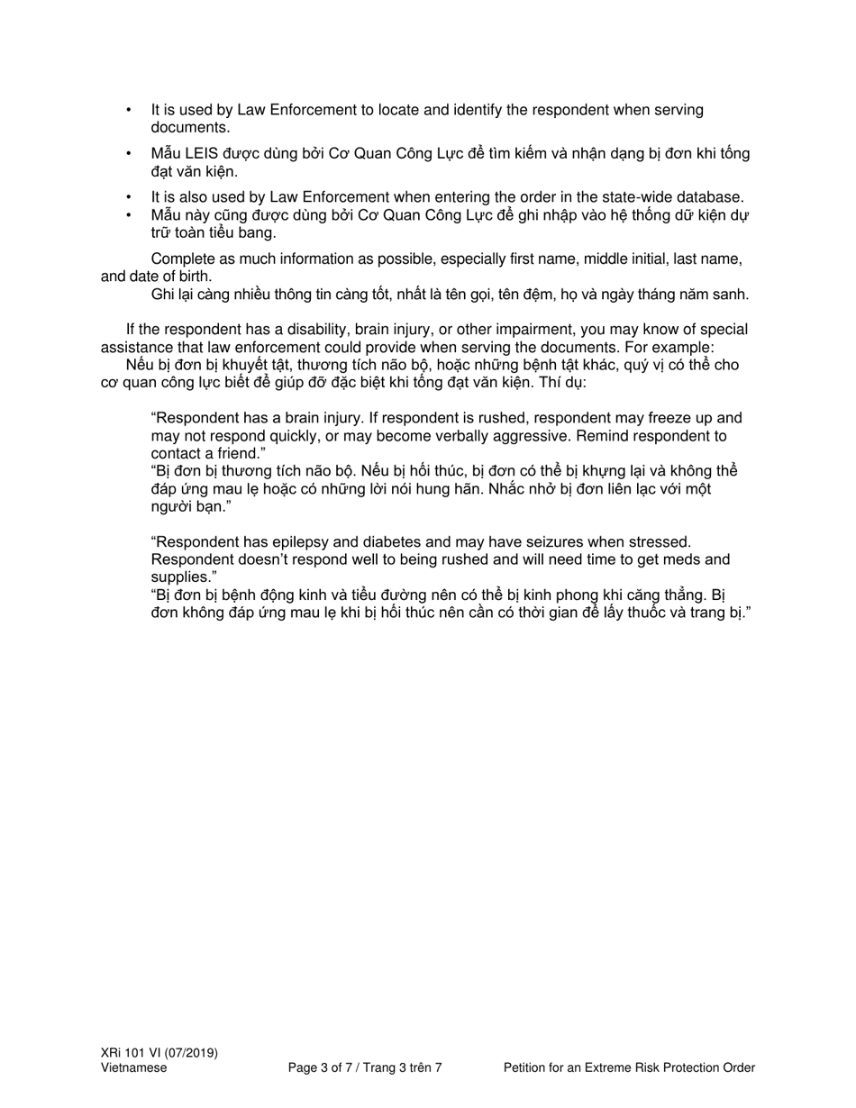 Instructions for Form XR101 Petition for an Extreme Risk Protection Order (Ptxr) - Washington (English / Vietnamese), Page 7