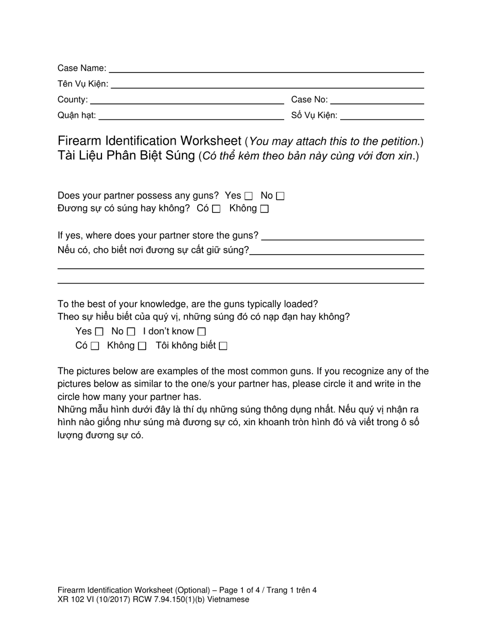 Form XR102 Firearm Identification Worksheet - Washington (English / Vietnamese), Page 1