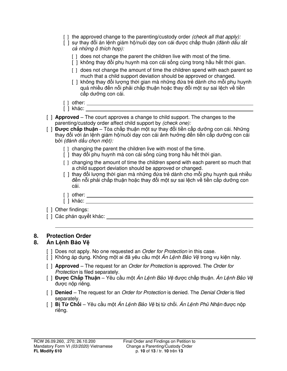 Form FL Modify610 Final Order and Findings on Petition to Change a Parenting Plan, Residential Schedule or Custody Order (Ormdd / Ordymt) - Washington (English / Vietnamese), Page 10