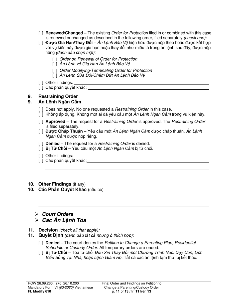 Form FL Modify610 Final Order and Findings on Petition to Change a Parenting Plan, Residential Schedule or Custody Order (Ormdd / Ordymt) - Washington (English / Vietnamese), Page 11