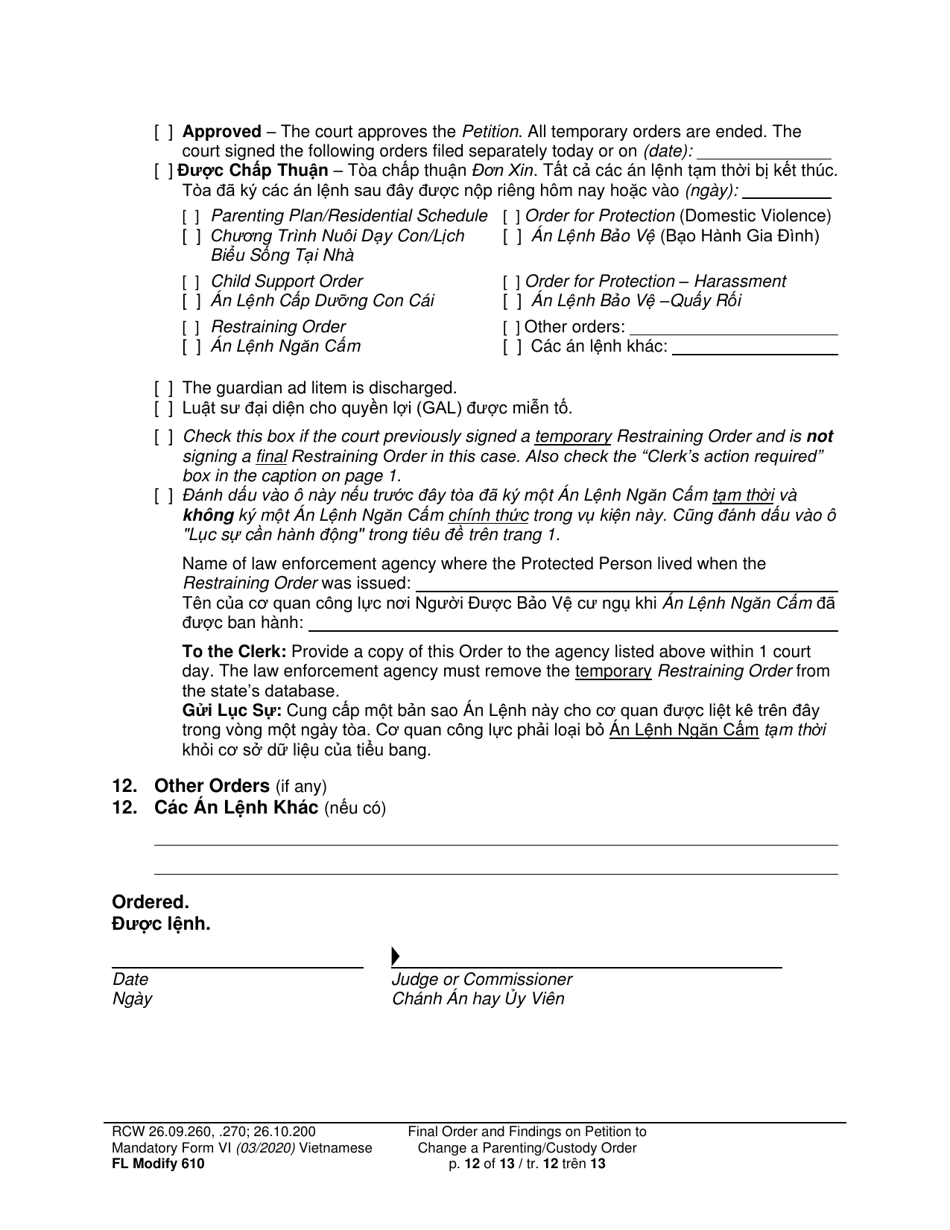 Form FL Modify610 Final Order and Findings on Petition to Change a Parenting Plan, Residential Schedule or Custody Order (Ormdd / Ordymt) - Washington (English / Vietnamese), Page 12
