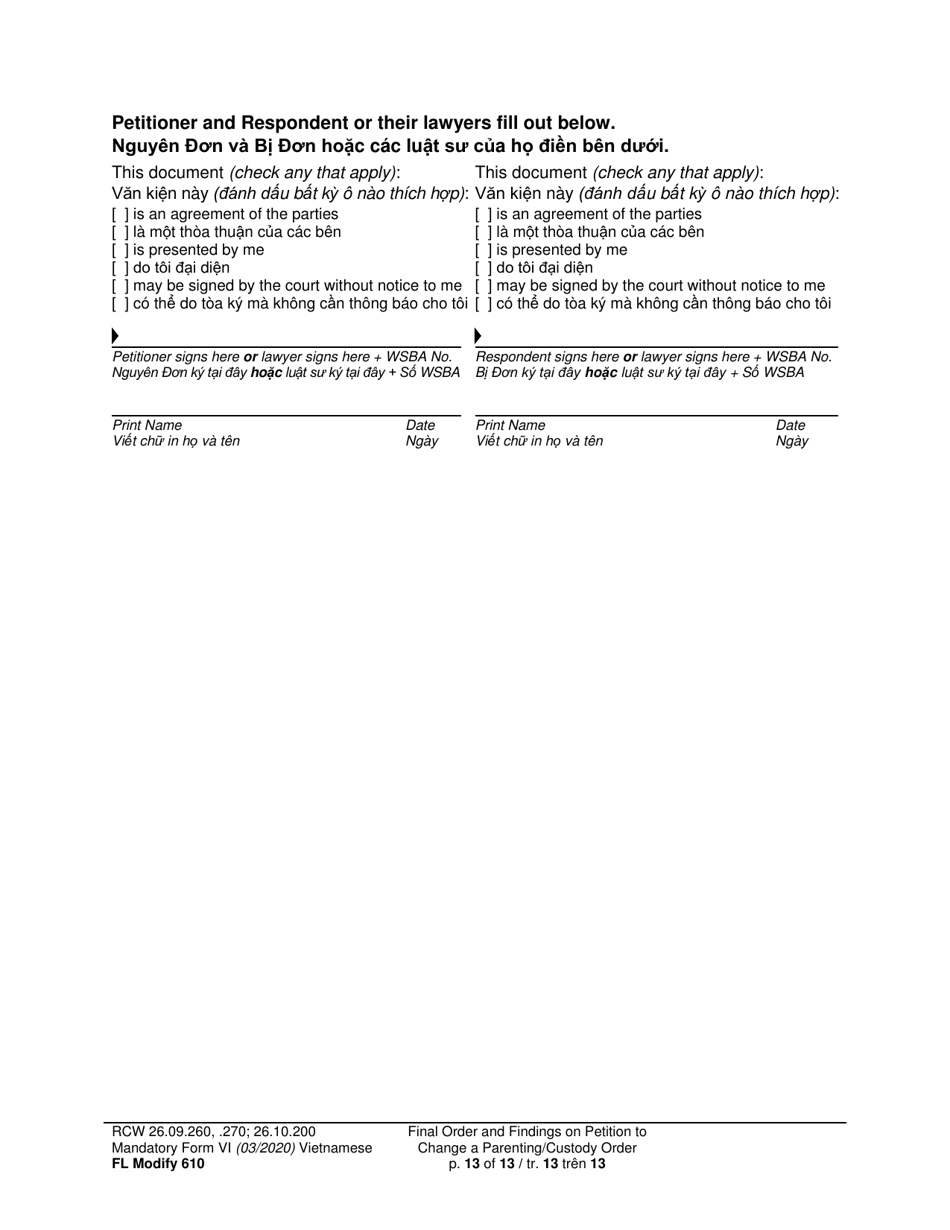 Form FL Modify610 Final Order and Findings on Petition to Change a Parenting Plan, Residential Schedule or Custody Order (Ormdd / Ordymt) - Washington (English / Vietnamese), Page 13