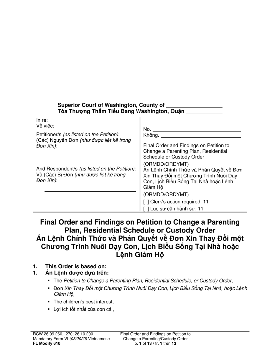 Form FL Modify610 Final Order and Findings on Petition to Change a Parenting Plan, Residential Schedule or Custody Order (Ormdd / Ordymt) - Washington (English / Vietnamese), Page 1