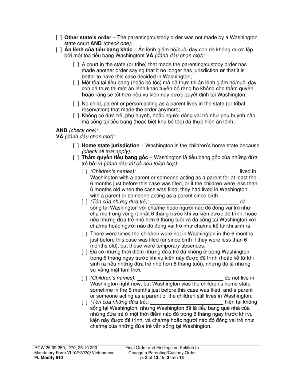 Form FL Modify610 Final Order and Findings on Petition to Change a Parenting Plan, Residential Schedule or Custody Order (Ormdd / Ordymt) - Washington (English / Vietnamese), Page 3