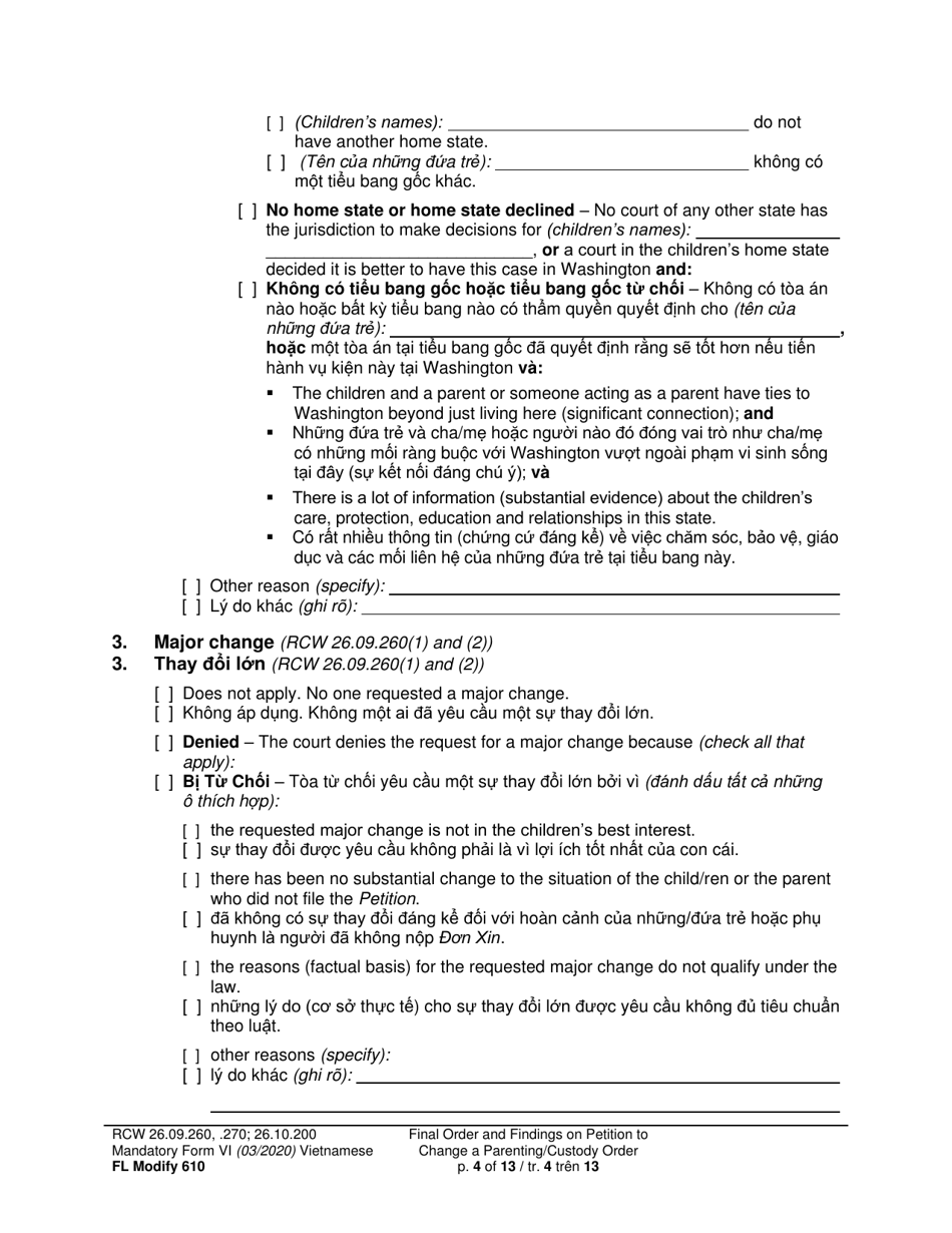 Form FL Modify610 Final Order and Findings on Petition to Change a Parenting Plan, Residential Schedule or Custody Order (Ormdd / Ordymt) - Washington (English / Vietnamese), Page 4