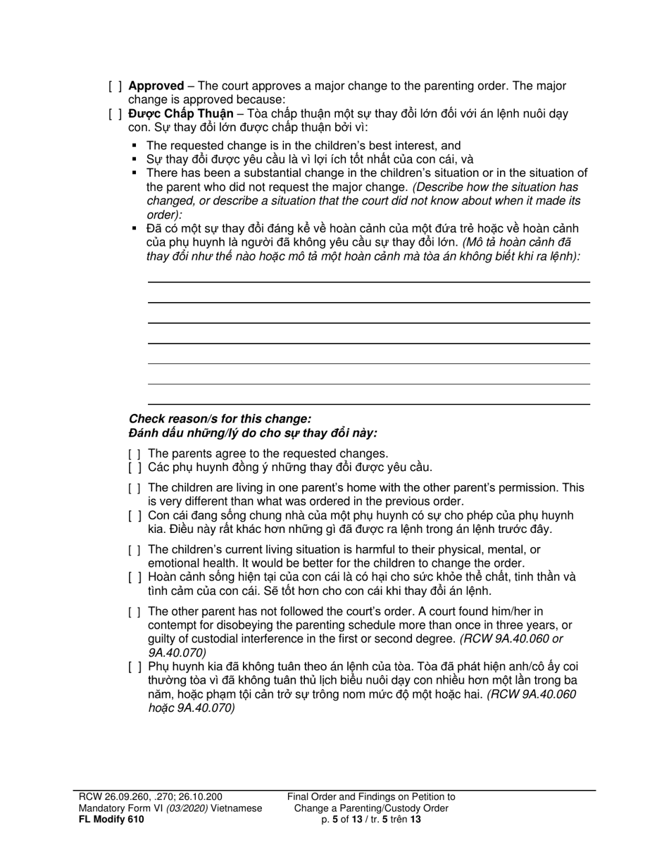 Form FL Modify610 Final Order and Findings on Petition to Change a Parenting Plan, Residential Schedule or Custody Order (Ormdd / Ordymt) - Washington (English / Vietnamese), Page 5
