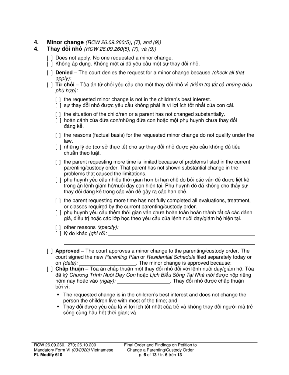 Form FL Modify610 Final Order and Findings on Petition to Change a Parenting Plan, Residential Schedule or Custody Order (Ormdd / Ordymt) - Washington (English / Vietnamese), Page 6