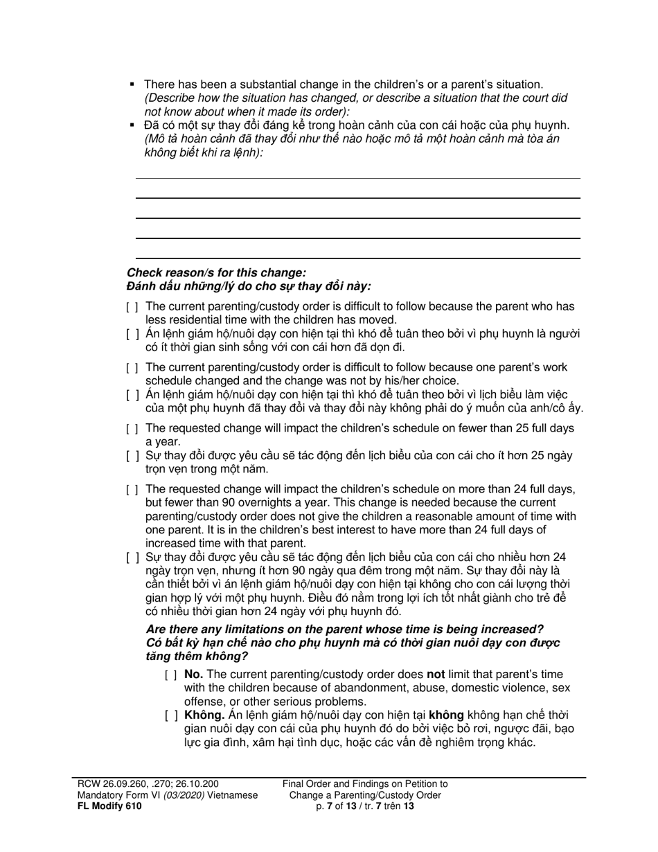 Form FL Modify610 Final Order and Findings on Petition to Change a Parenting Plan, Residential Schedule or Custody Order (Ormdd / Ordymt) - Washington (English / Vietnamese), Page 7