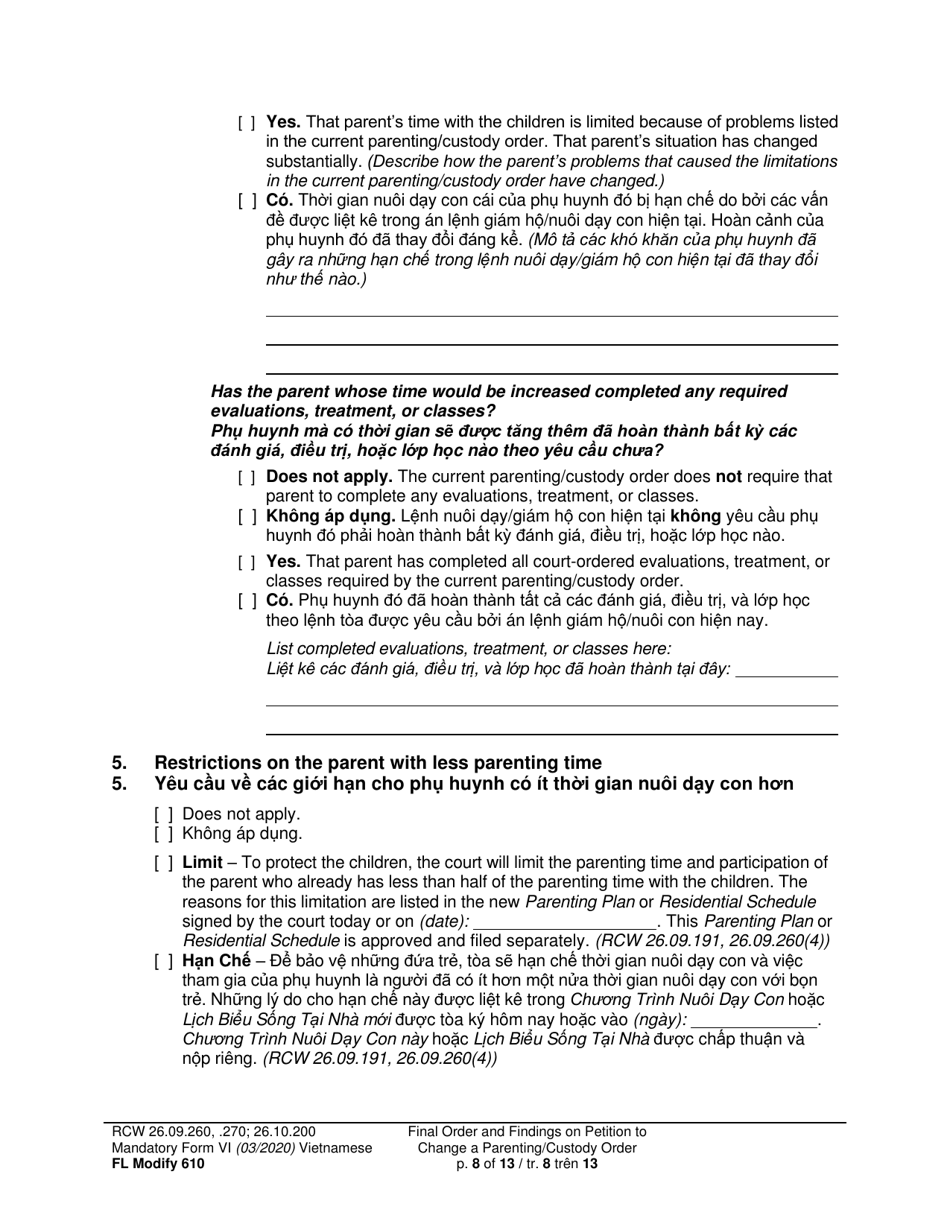 Form FL Modify610 Final Order and Findings on Petition to Change a Parenting Plan, Residential Schedule or Custody Order (Ormdd / Ordymt) - Washington (English / Vietnamese), Page 8