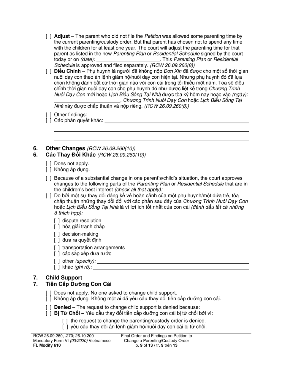 Form FL Modify610 Final Order and Findings on Petition to Change a Parenting Plan, Residential Schedule or Custody Order (Ormdd / Ordymt) - Washington (English / Vietnamese), Page 9